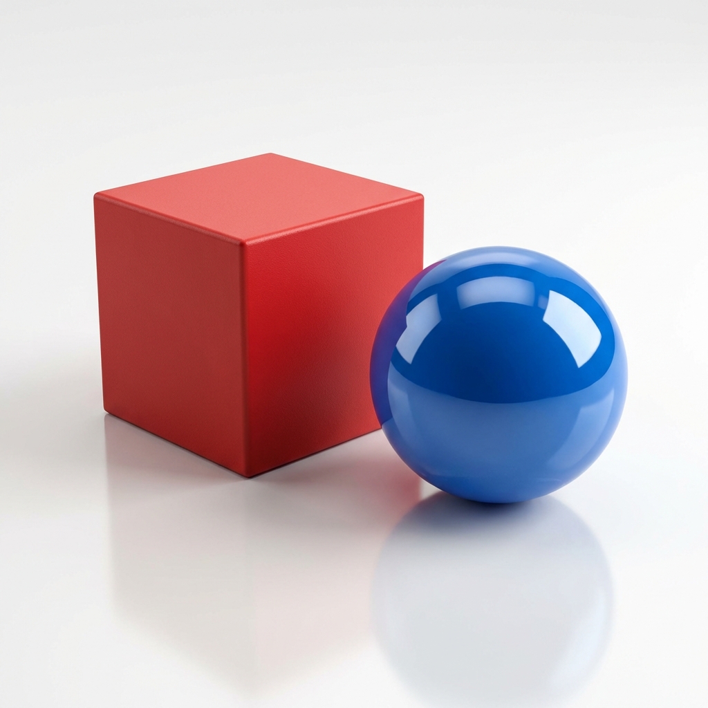 Red cube and blue sphere with proper 3D shadows
